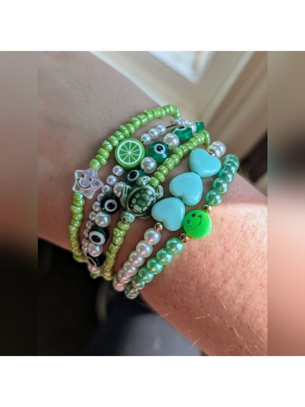 Green and White Beaded Bracelet Set Of 6